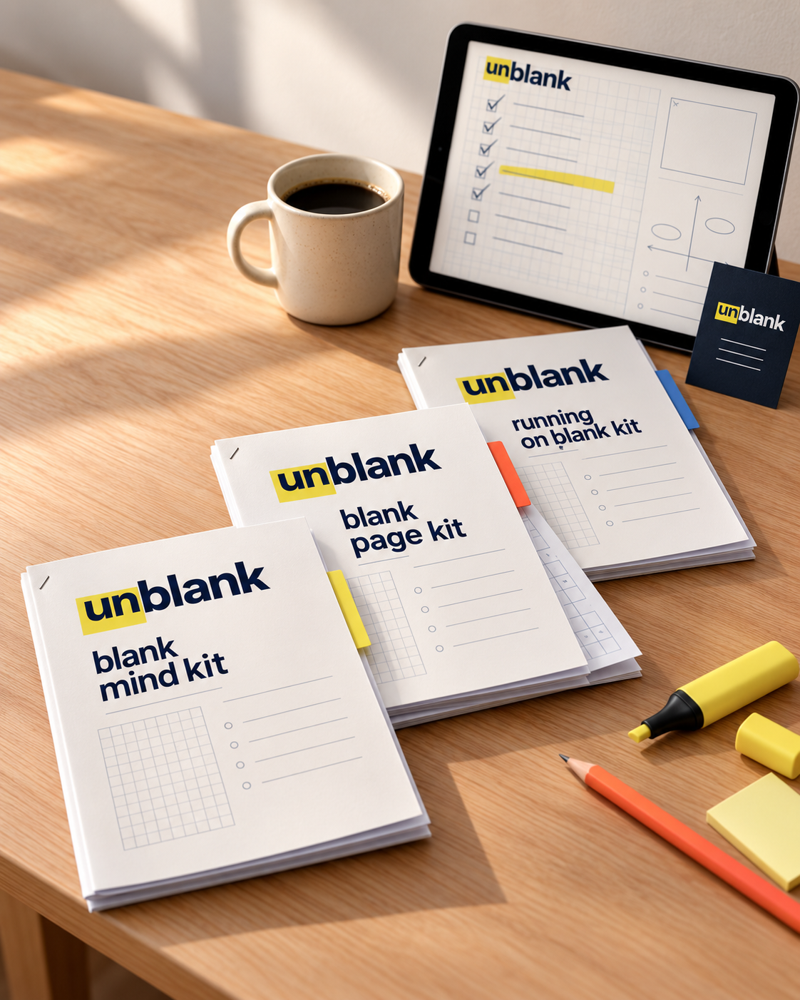 Unblank kits on a desk: three printed kit booklets, a tablet running a checklist, coffee and a highlighter