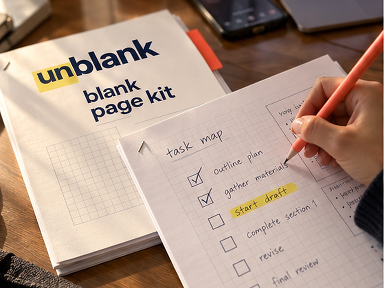 Blank Page Kit booklet on a desk next to an open task-map checklist being filled in with a pencil